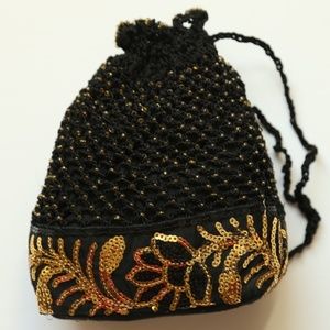 NWT Beaded Crochet Black Sequin drawstring Bag